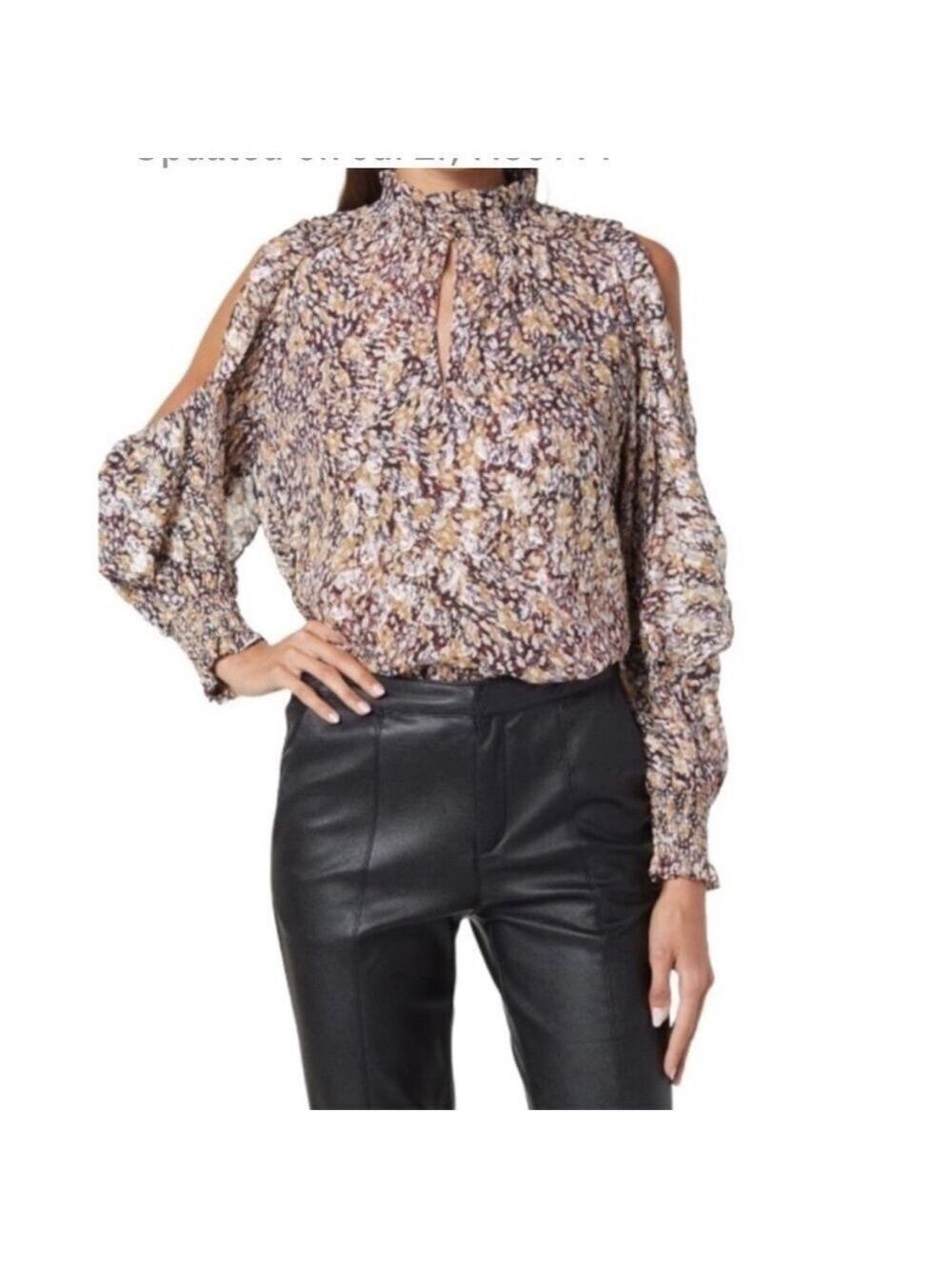 Maje Cold Shoulder Animal Lurex Print Metallic Blouse Top in Black Camel Large